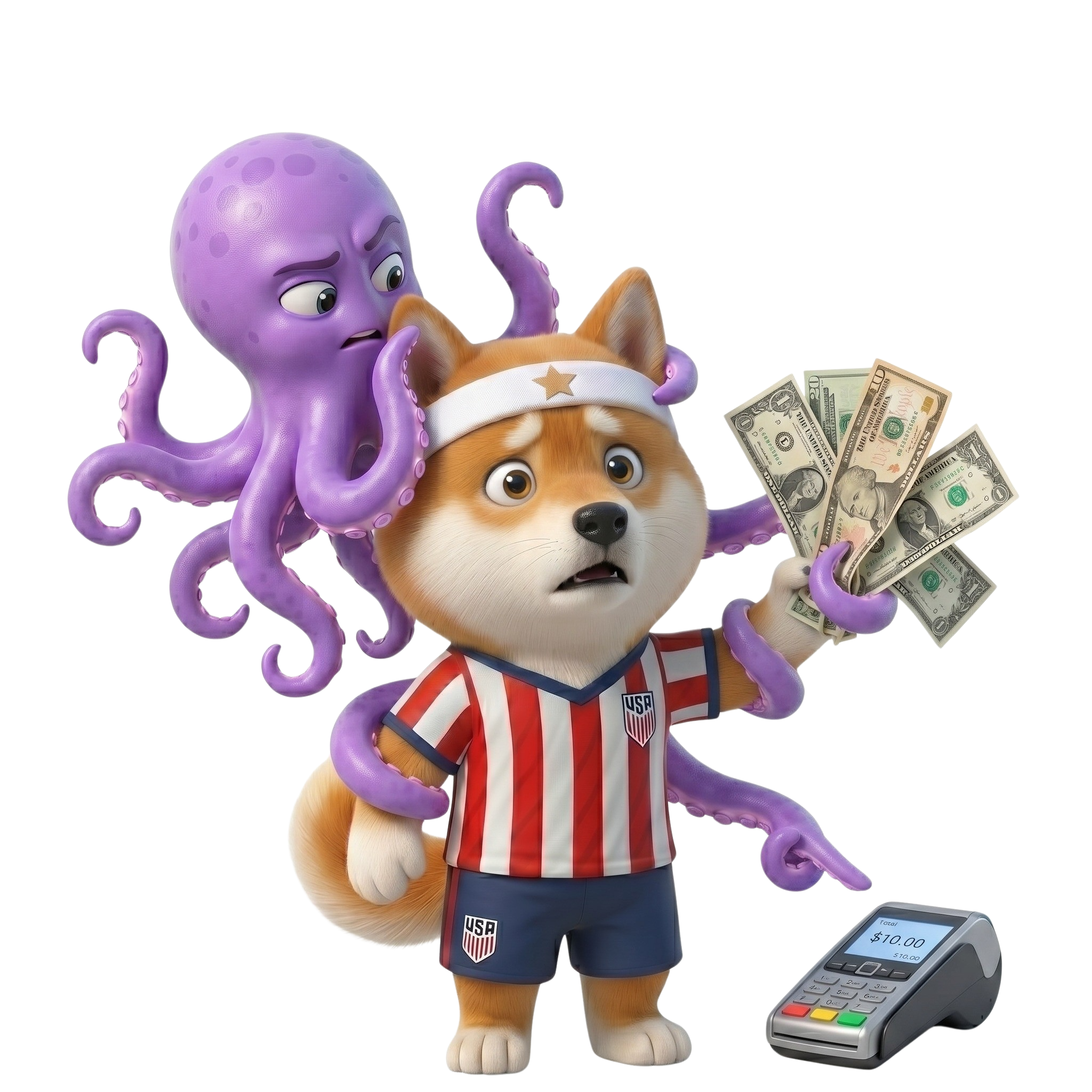 Paul on the shiba's head, holding a fan of dollar bills