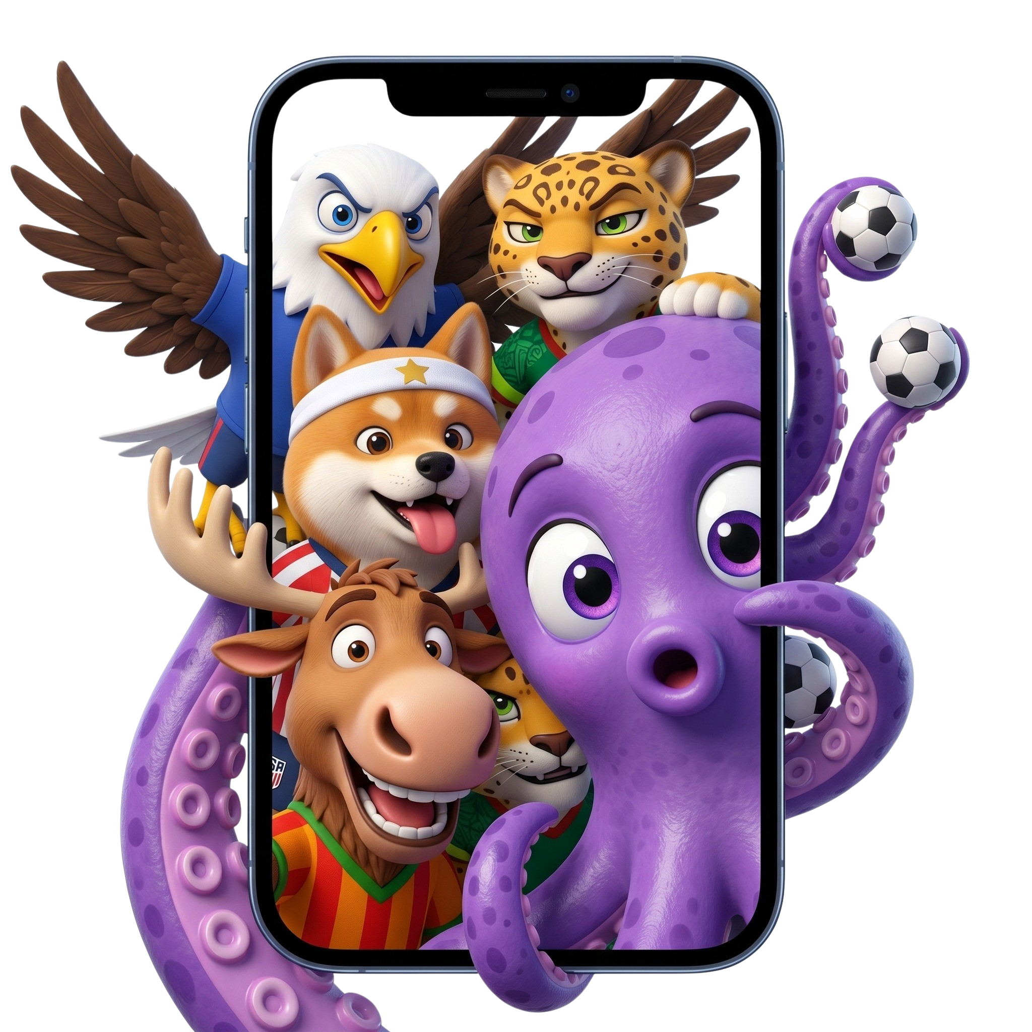 The squad's selfie — Paul, shiba, eagle, jaguar and moose mugging for the camera
