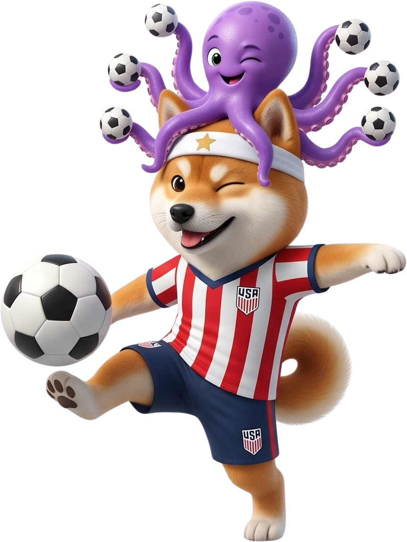 Paul the shiba, kicking a soccer ball
