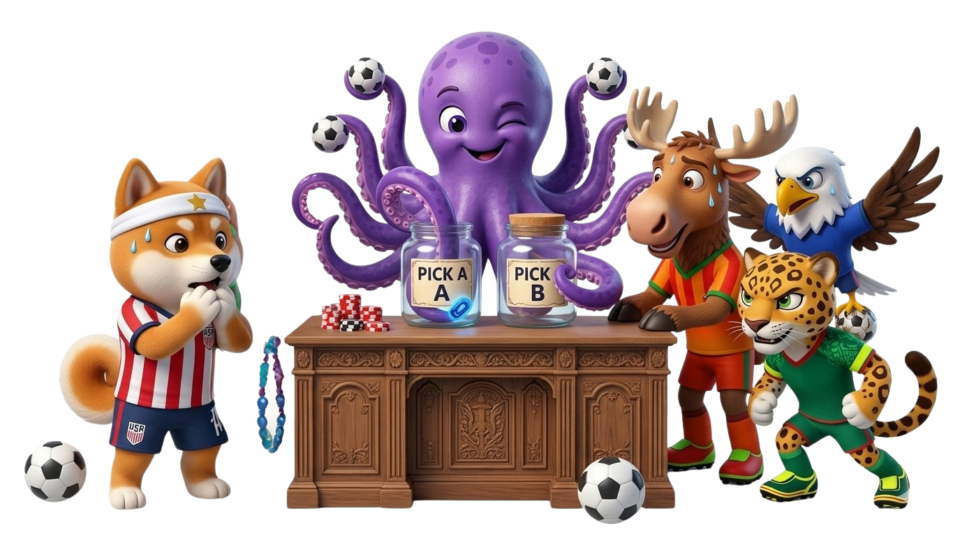 Paul with moose, eagle, and jaguar mascots at betting table