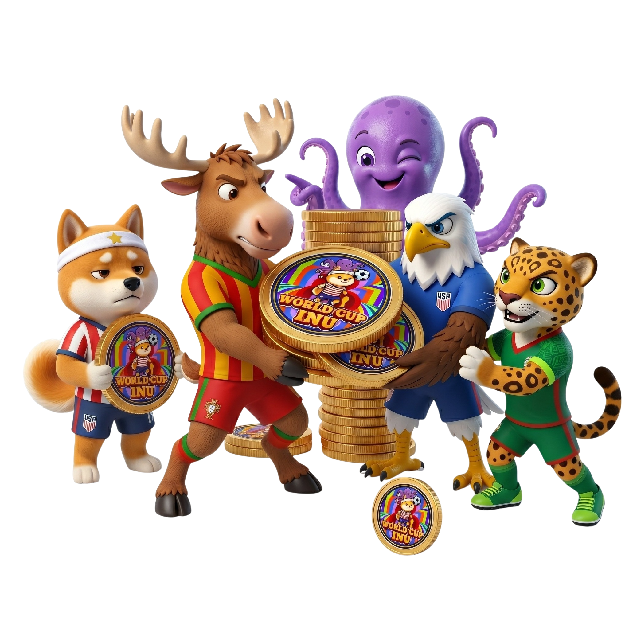 The squad standing on a stack of $WCI26 coins